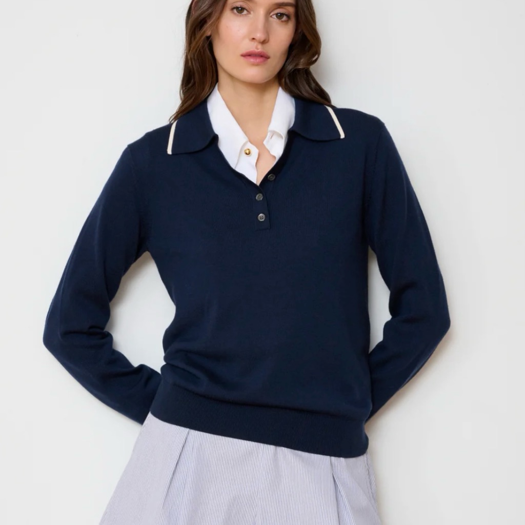 White + Warren Cashmere Navy Blue Polo Sweater Size S